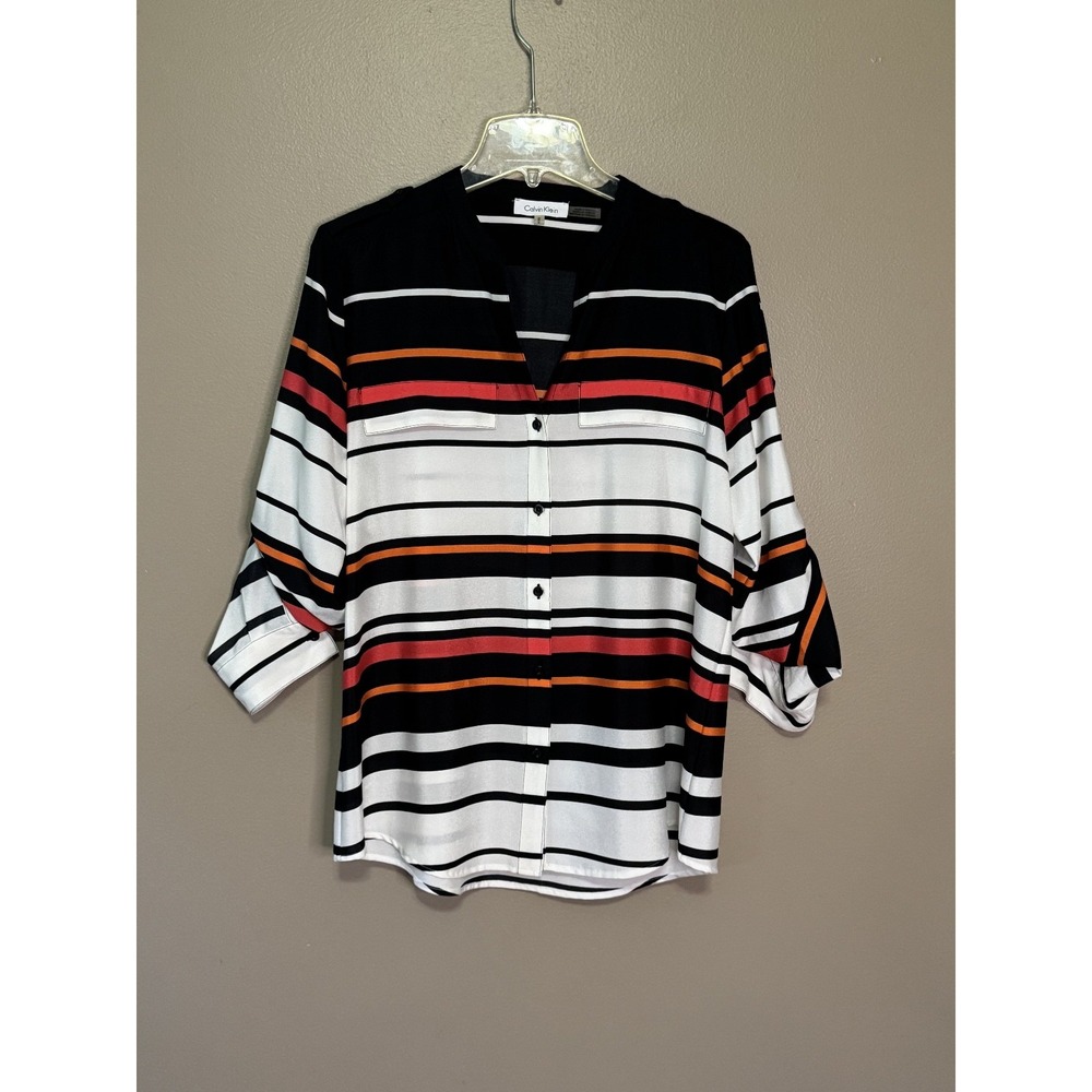Calvin Klein Women Striped Blouse Size M Multicolor 3/4 Sleeve V-Neck Top